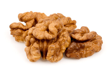 Walnut kernels isolated on white background. Walnuts close-up. Healthy eating. Half of walnut isolated. Peeled walnut on white.