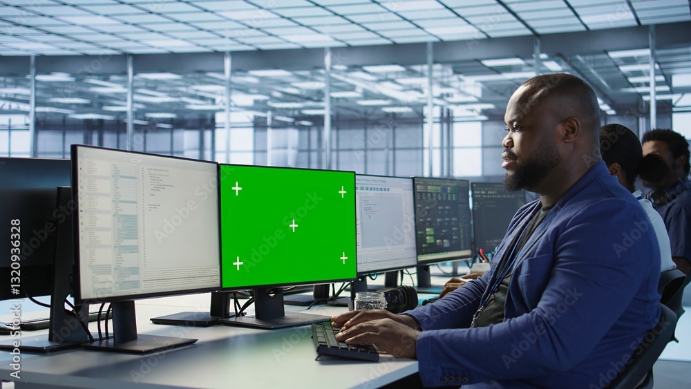 Poster engineer using green screen computer in server room, developing disaster recovery plans ensuring min