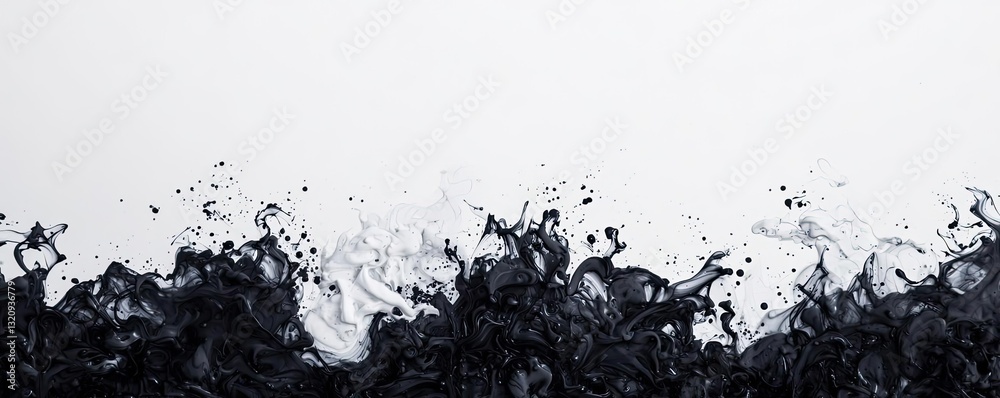 Poster ink illustration abstract background concept. dynamic splash of black water against a stark white ba