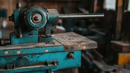 Vintage Teal Industrial Machine in Rustic Workshop