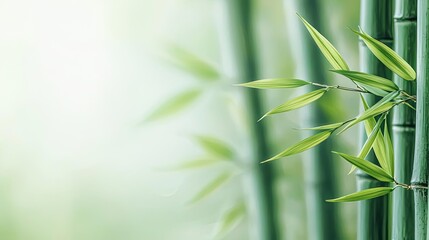 Fototapeta premium Ink illustration abstract background concept. Beautiful green bamboo stalks and leaves against a soft, blurred background.