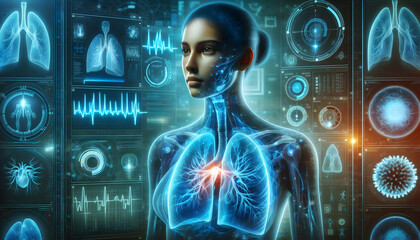 Medical science Futuristic medical illustration of glowing blue human lungs with a digital overlay of medical data, 3