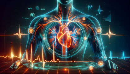 Medical science Futuristic medical interface showing a holographic heart and blood vessels in neon orange and blue, 3
