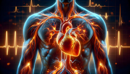 Medical science High-resolution close-up of the human heart with transparent arteries and veins, showing the heart's2