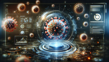Fototapeta premium Medical science Futuristic holographic projection of coronavirus particles, as if being analyzed in a high-tech labo2