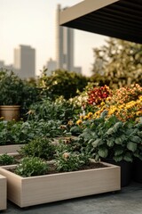 Urban garden features vibrant flowers and fresh vegetables in ra