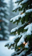 Snowy evergreen branches with lush greenery and festive snowflakes, serene, conifer