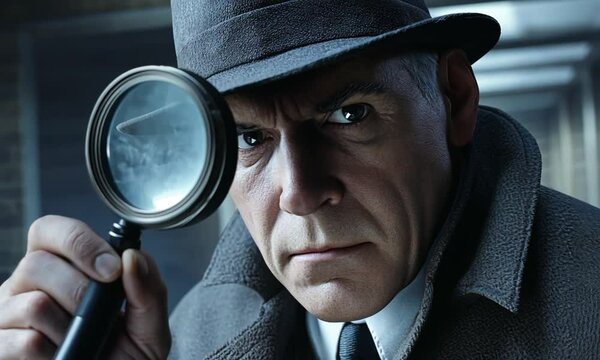 Detective examining evidence with a magnifying glass in a dimly lit urban environment, showcasing focus