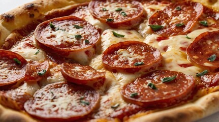 Delicious pepperoni pizza topped with melted cheese and herbs on a wooden plate served in a cozy restaurant setting