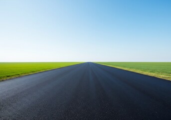 Fototapeta premium Serene asphalt road stretches towards vibrant green fields under a clear blue sky. AI Generated