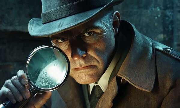 Detective examining clues with a magnifying glass in a dimly lit, atmospheric setting