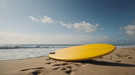 Surfboard resting on sandy beach with gentle waves under a bright sky during late afternoon
