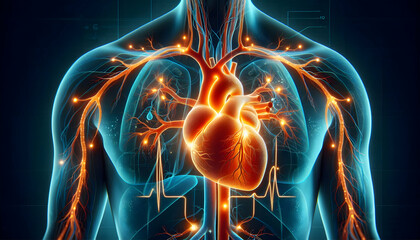 Medical science Conceptual medical design showing a glowing orange heart in a semi-transparent body, with arterial a3