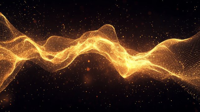 Abstract Golden Wave Flow, Background For Technology, Data, Sci-Fi, Or Futuristic Background.