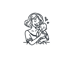 Happy Mother's Day logo design icon vector template. Line art mother and baby outline logo.