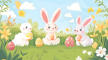 Fototapeta premium Colorful and cute vector illustrations of Easter bunnies in joyful spring scenes.