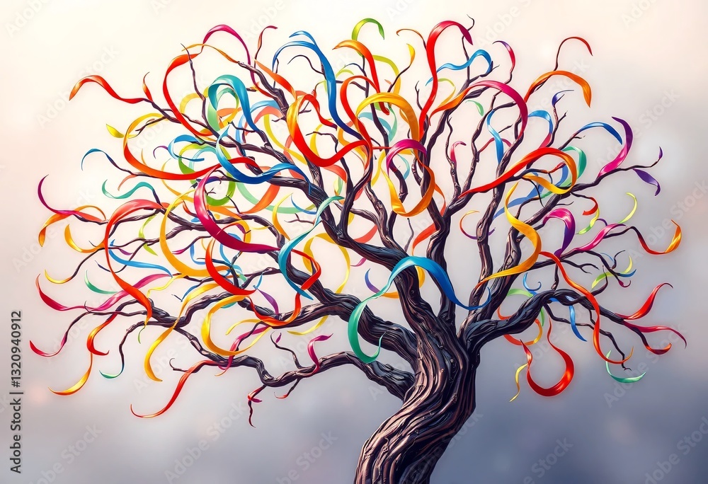 Poster abstract tree art. swirling colorful ribbons form branches in an intertwined dance. a vibrant artist