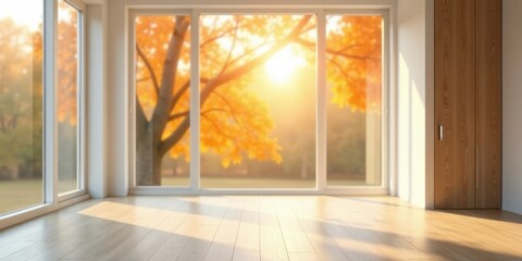 Obraz premium Empty room with large window showcasing autumn foliage and warm sunlight illuminating light wood floor