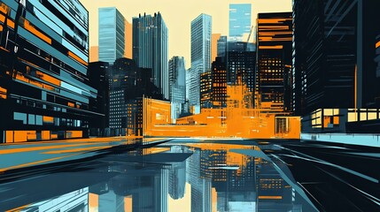 A vibrant urban landscape showcasing sleek skyscrapers outlined in blue and orange, reflecting beautifully on still waters. Ideal for modern city themes.