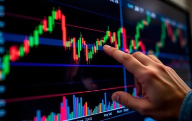 Financial Analysis, Stock Market Investing. Hand Interacts With A Dynamic Digital Chart Displaying Price Fluctuations, Showcasing Investment Analysis. Data Insights Inform Strategic Decisions. The
