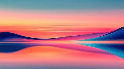 Fototapeta premium Pastel color illustration abstract background idea. A vibrant landscape featuring colorful hills and a serene water reflection at sunset.