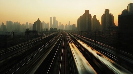 Fototapeta premium Urban Sunset Railway: A City's Golden Hour Commute