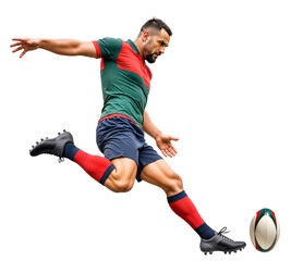 Pro rugby player in a dynamic kicking pose, side view on isolated background