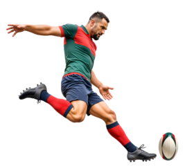 Pro rugby player in a dynamic kicking pose, side view on isolated background
