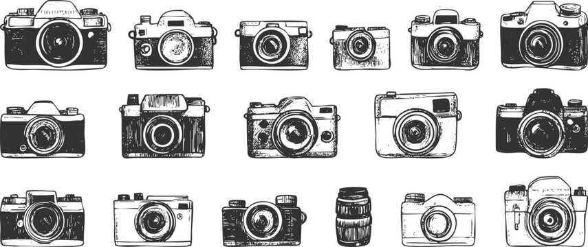Illustration of various vintage cameras in black and white sketches.