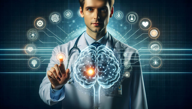 Medical science A doctor in a lab coat, with a stethoscope, extending a hand towards a digital brain surrounded by a3