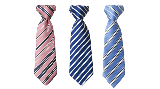Strapped neckties in different colors, men's striped ties. Isolated on white background