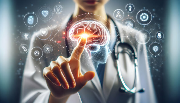 Medical science A doctor in a lab coat, with a stethoscope, extending a hand towards a digital brain surrounded by a4