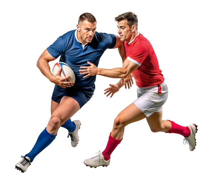 Two rugby players competing for ball between two different team