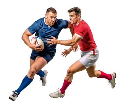 Two rugby players competing for ball between two different team