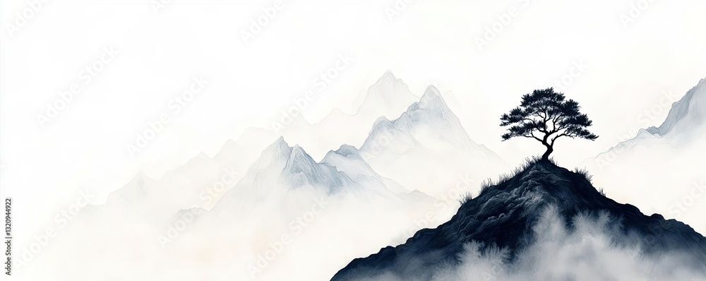 Poster ink illustration abstract background concept. a solitary tree stands atop a misty mountain, envelope