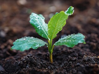 A Vibrant Seedling Emerges, Dew-Kissed Leaves on a New Sprout in Rich Soil