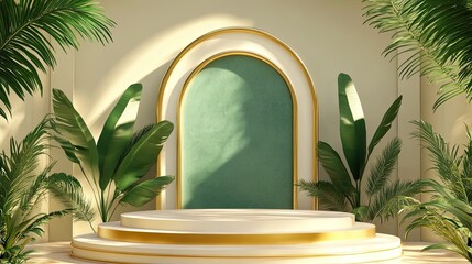 3D Ramadhan podium is in a serene desert oasis Show palm trees in the background Use emerald green, gold, and ivory colors Vibrant color