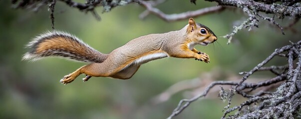 Fototapeta premium A Squirrel is Leaping Through the Branches of a Tree