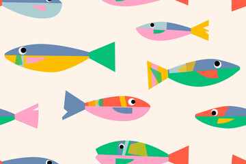 Seamless fish pattern in suprematism style. Vector abstract background for fabric, wrapping, print and cover