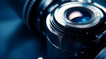 Close-up view of a vintage camera lens highlighting intricate details and reflections, ideal for photography enthusiasts