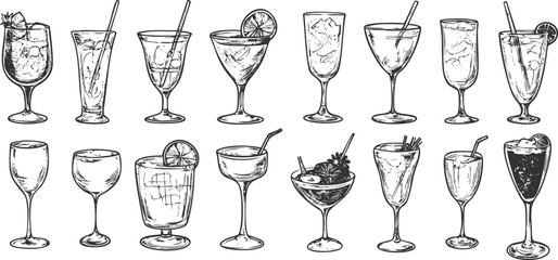 Vintage sketch of assorted cocktail glasses in black and white illustration.