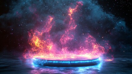 A cosmic platform surrounded by fiery clouds and starry space