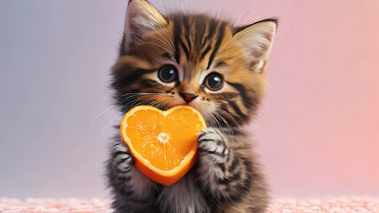 A fluffy, striped kitten with large, expressive eyes stands cutely against a soft gradient background that fades from pale pink to light purple. In its small paws, it delicately holds a heart-shaped s