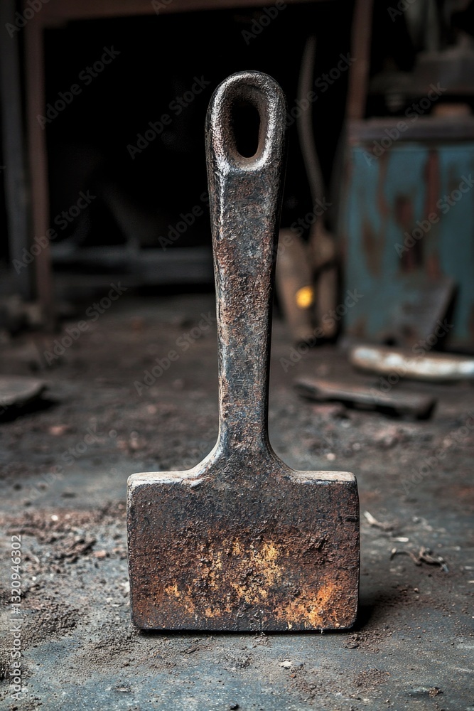Poster A hammer sits on a dirty floor with a worn-out handle and rusty head