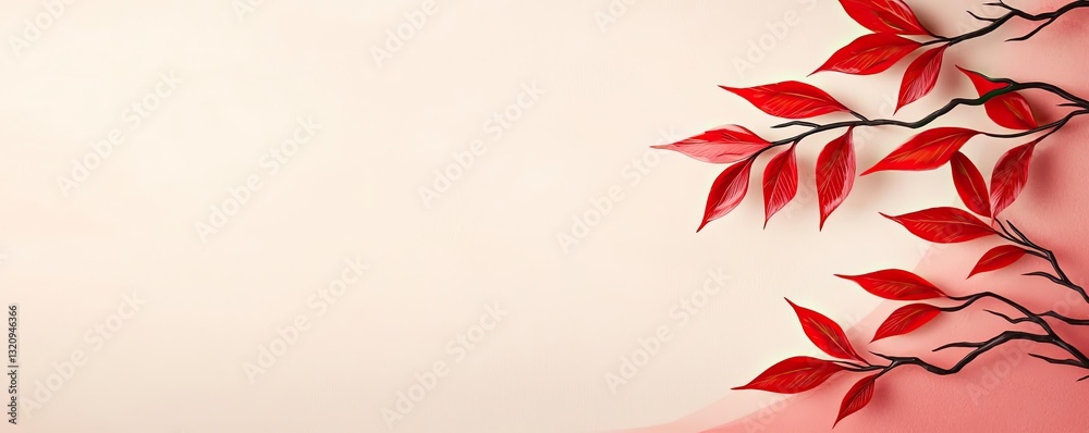 Poster Ink illustration abstract background concept. Beautiful red leaves elegantly arranged on a soft pink background.