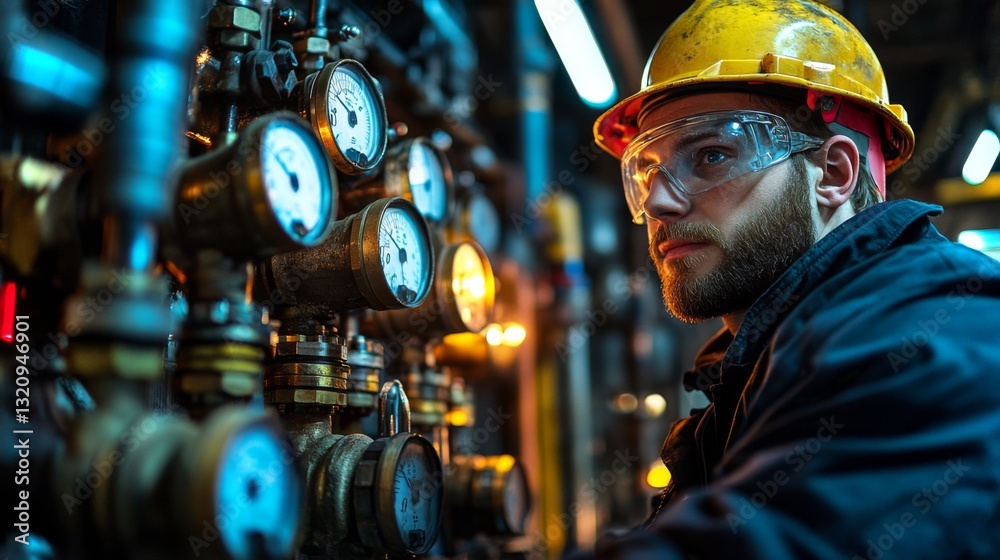 Poster in a busy petrochemical refinery, a technician checks pressure gauges and controls, ensuring efficie