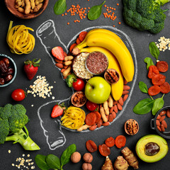 The best foods for healthy stomach and digestion. Assortment of natural products to boost stomach...