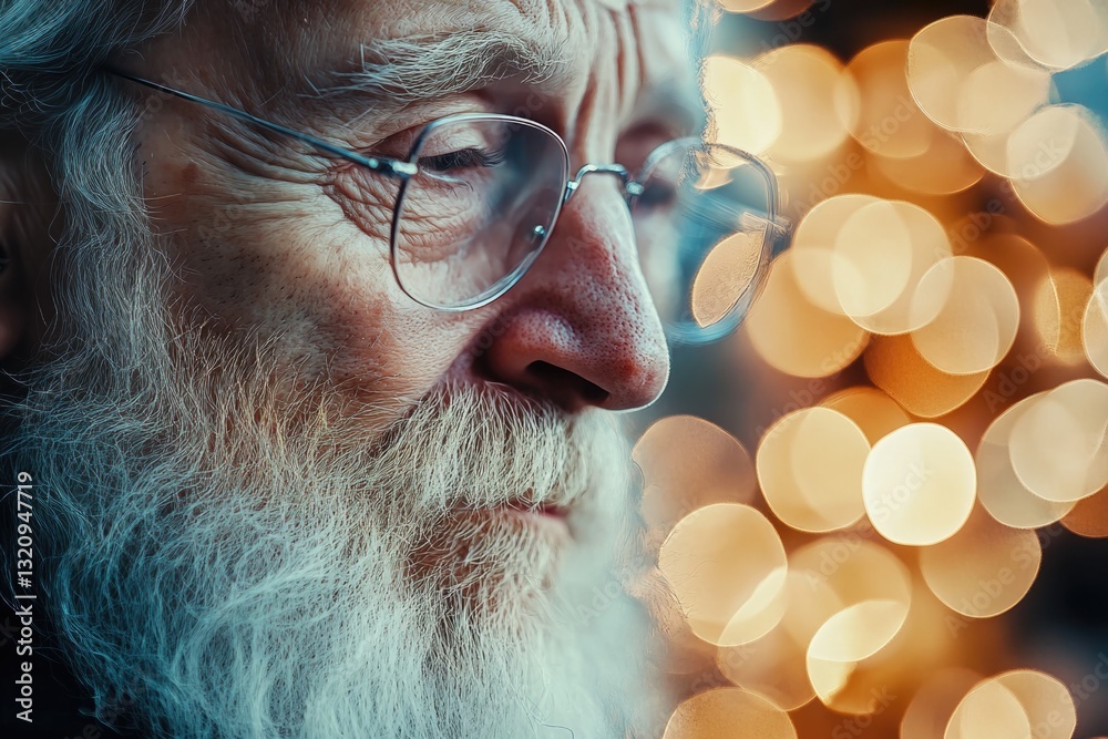 Poster a close-up shot of a man with glasses and a beard, suitable for use in editorial or commercial conte