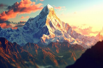 A majestic snow-capped mountain peak at sunset, bathed in golden light, with colorful clouds and rugged terrain, creating a dramatic and inspiring landscape vista.