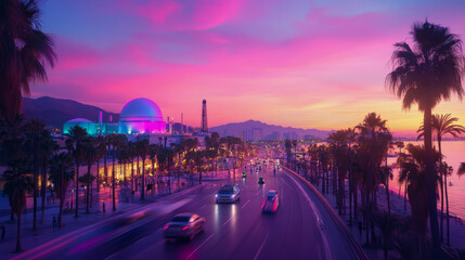 Fototapeta premium Cityscape at sunset with road and palm trees, vibrant color palette in pink, violet and yellow.